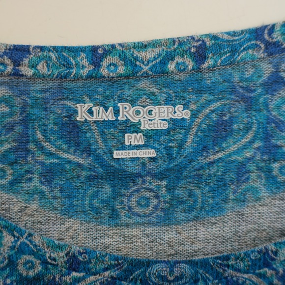 Kim Rogers PM Petite Teal Blue Rhinestone Scoop Neck Scrun 3/4 Sleeve Blouse Top - Picture 7 of 8